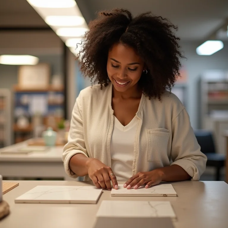 Mulher escolhendo porcelanato para o box do banheiro.