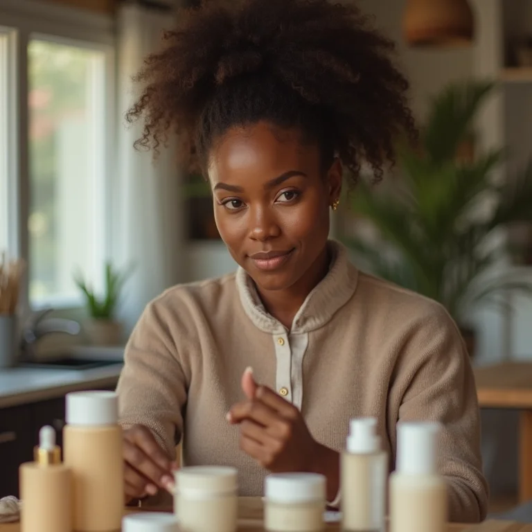 Mulher escolhendo produtos para promover como afiliada, demonstrando foco e atenção aos detalhes