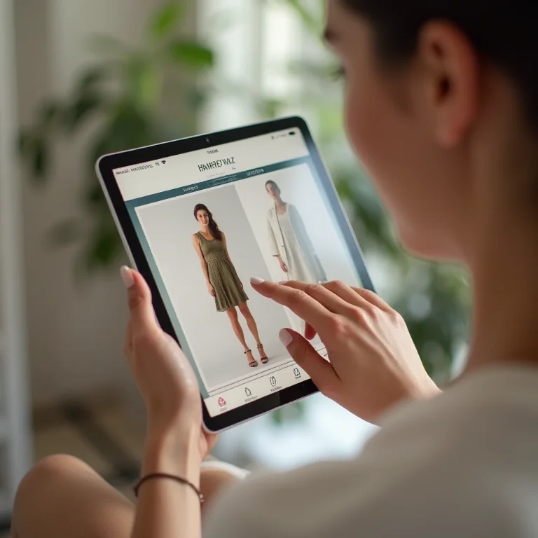 Mulher escolhendo vestido em plataforma de aluguel de roupas