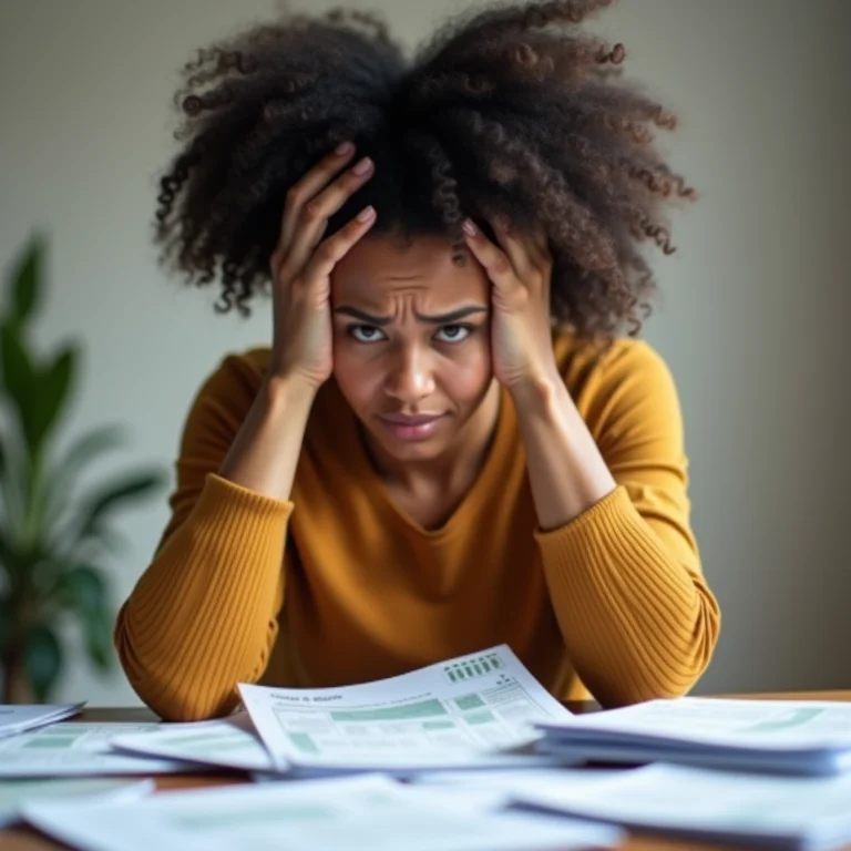 Mulher estressada segurando a cabeça entre as mãos cercada de contas