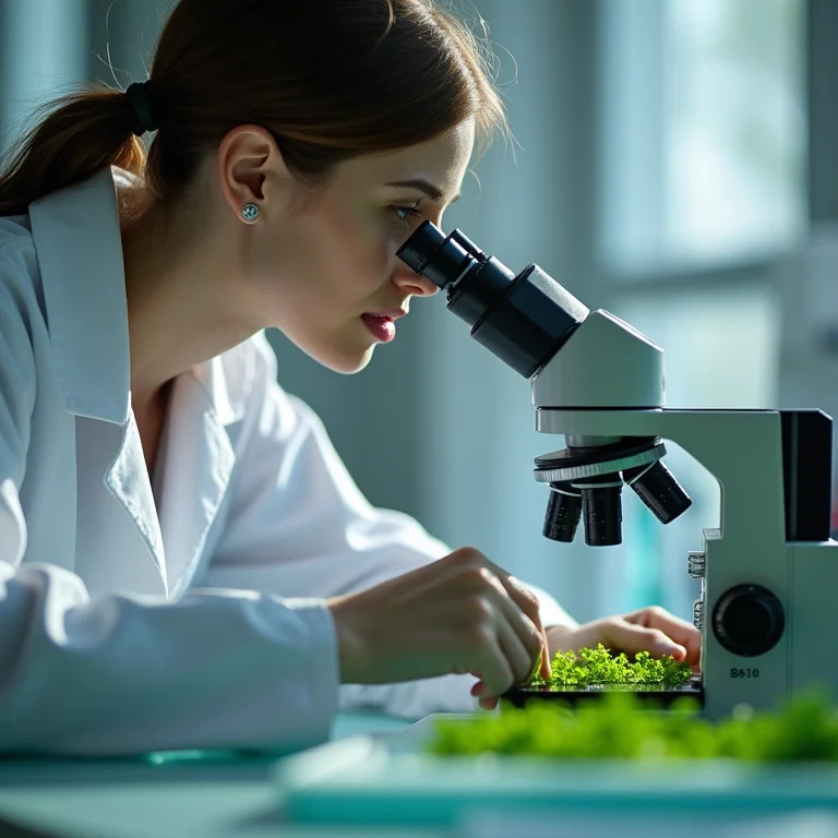 Mulher examinando spirulina no microscópio