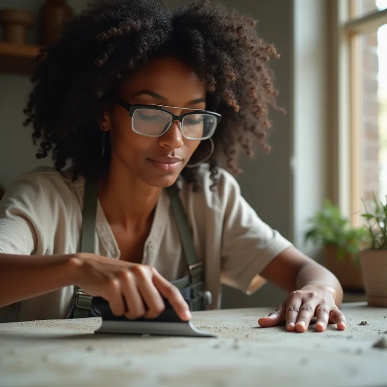 Mulher experiente aplicando cimento queimado em bancada