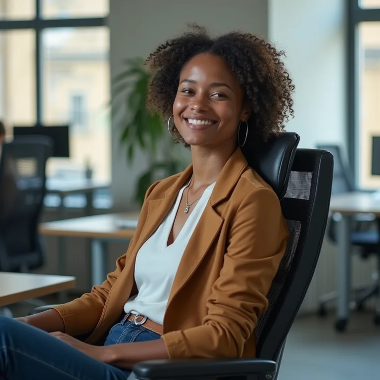 Mulher experimentando cadeira ergonômica
