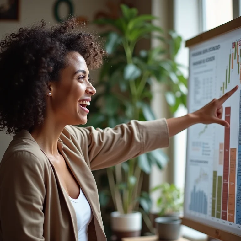 Mulher explicando com entusiasmo estratégias de marketing de afiliados em frente a um gráfico