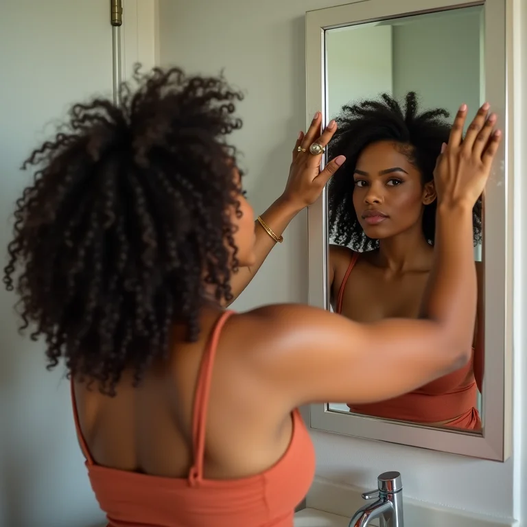 Mulher fixando um espelho com ventosa na parede do banheiro.