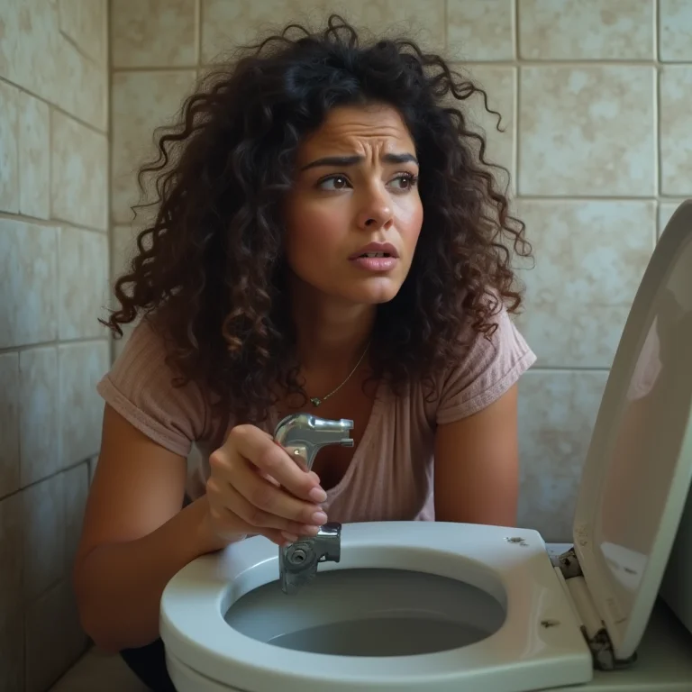 Mulher frustrada com vazamento no vaso sanitário.