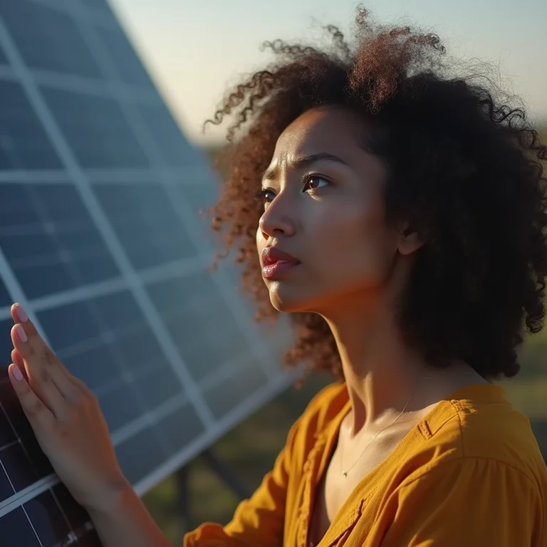 Mulher frustrada olhando para um painel solar com defeito.