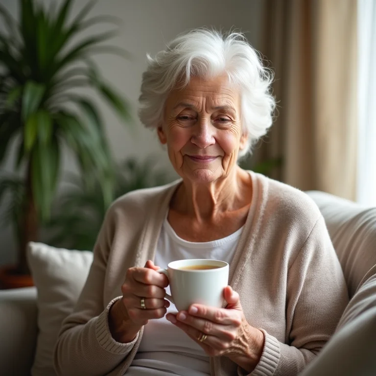 Mulher idosa negra segurando xícara de chá de passiflora para aliviar sintomas da menopausa.