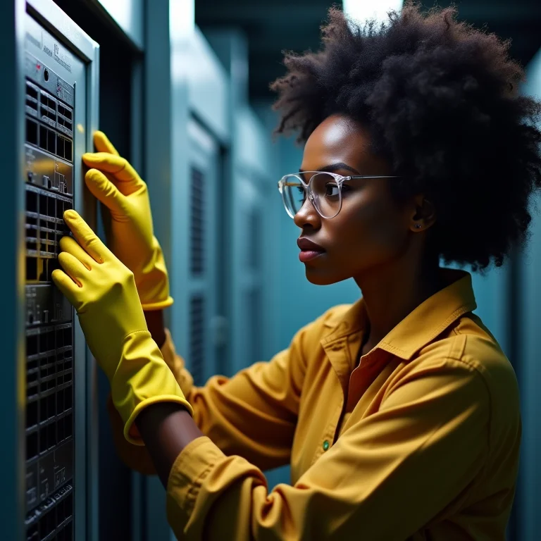 Mulher inspecionando um painel elétrico com equipamentos de segurança