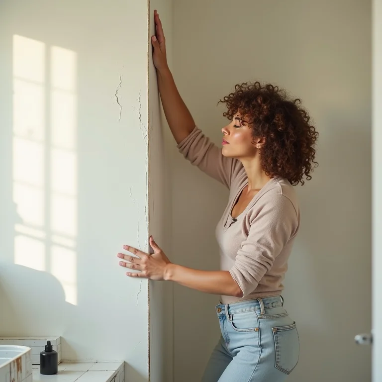 Mulher instalando papel de parede no banheiro