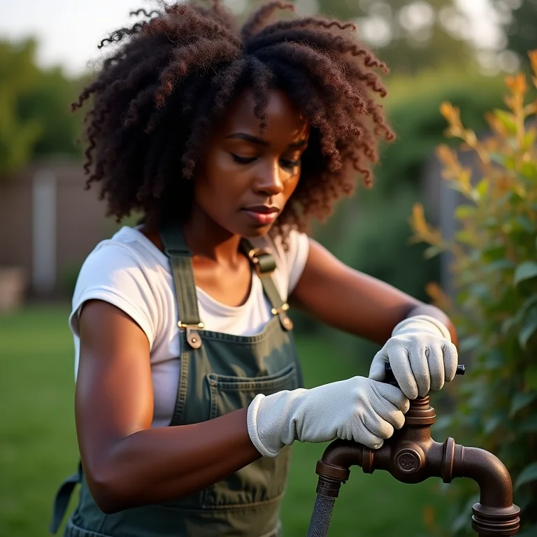 Mulher instalando torneira de jardim com guia passo a passo.