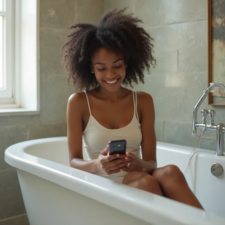 Mulher jovem usando celular sentada na borda da banheira