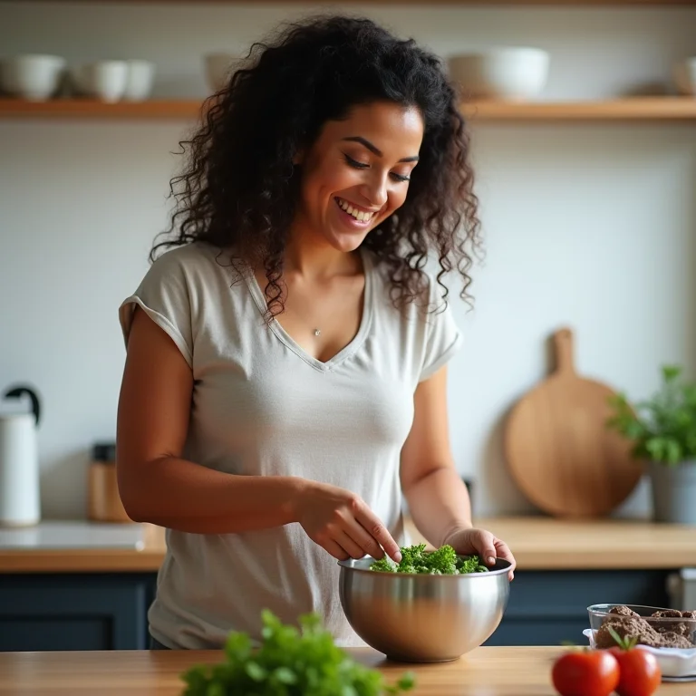 Mulher latina cozinhando em bancada ergonômica na altura ideal