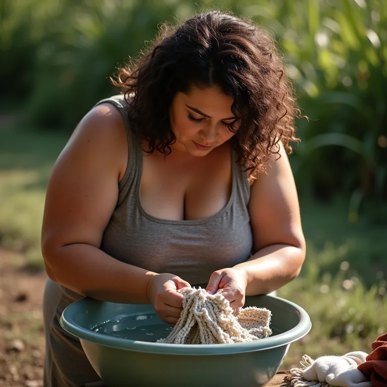Mulher lavando um tapete pequeno em uma bacia plástica ao ar livre.
