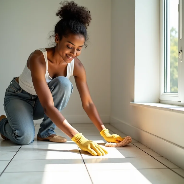 Mulher limpando azulejos recém-pintados com um pano.