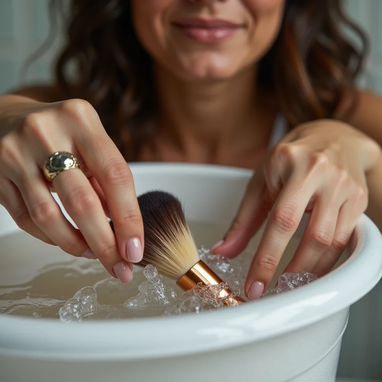 Mulher limpando pincéis de maquiagem em uma bacia plástica com água e sabão.