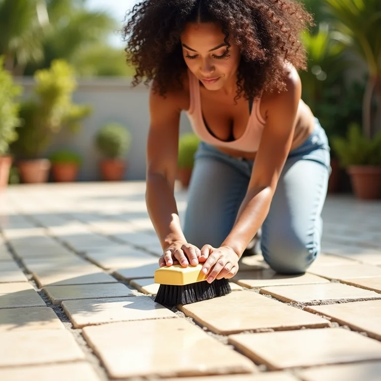 Mulher limpando piso atérmico ao redor de piscina