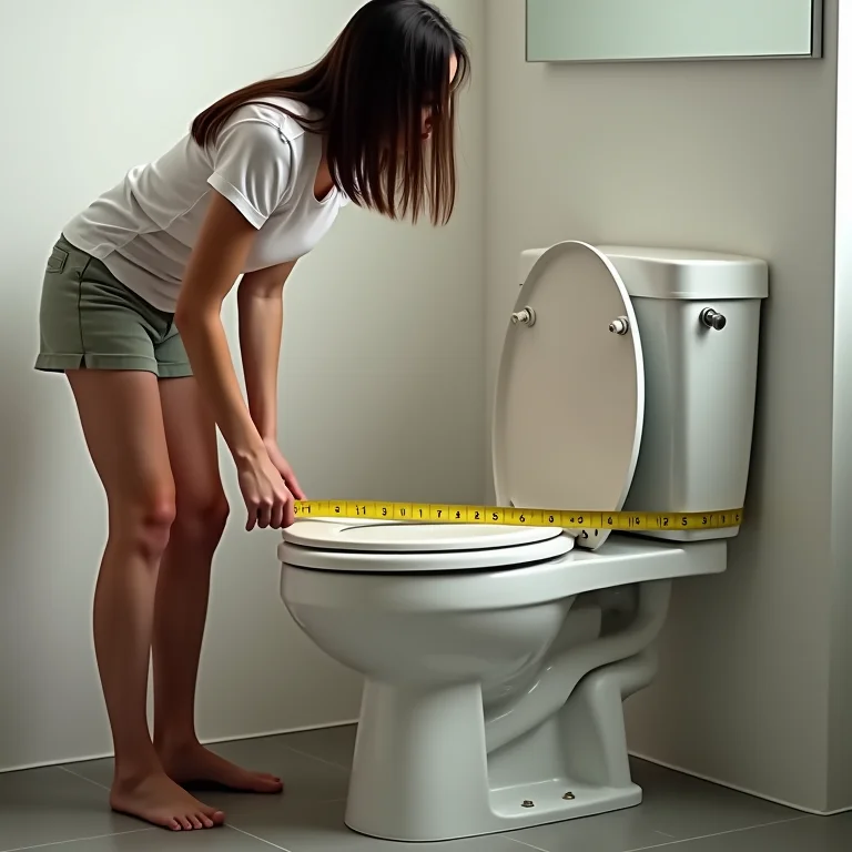 Mulher medindo bacia sanitária com caixa acoplada.