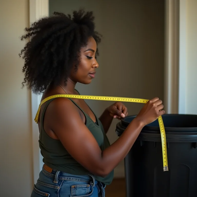 Mulher medindo lixeira de calçada preta.
