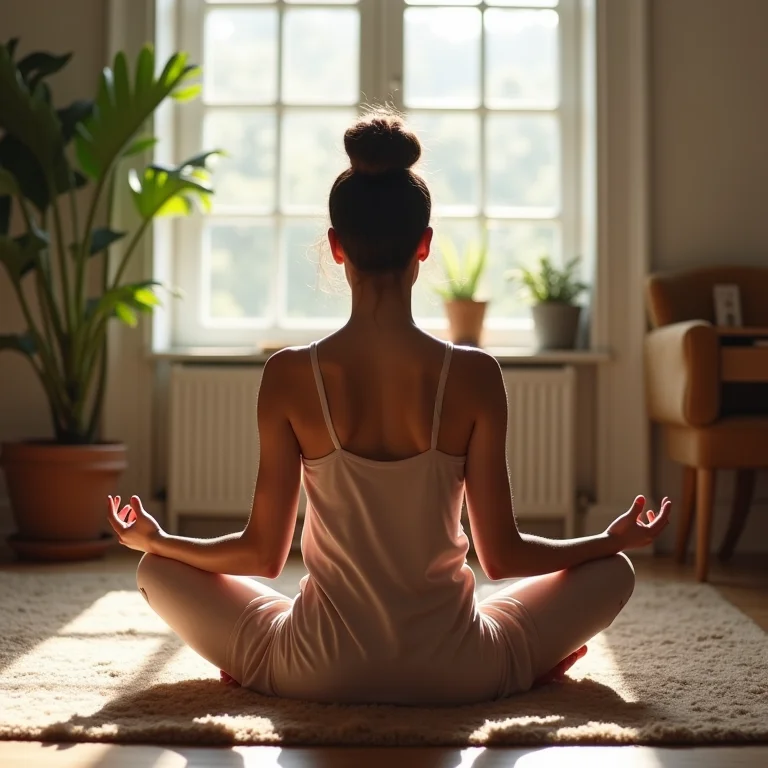 Mulher meditando em ambiente minimalista, buscando propósito financeiro
