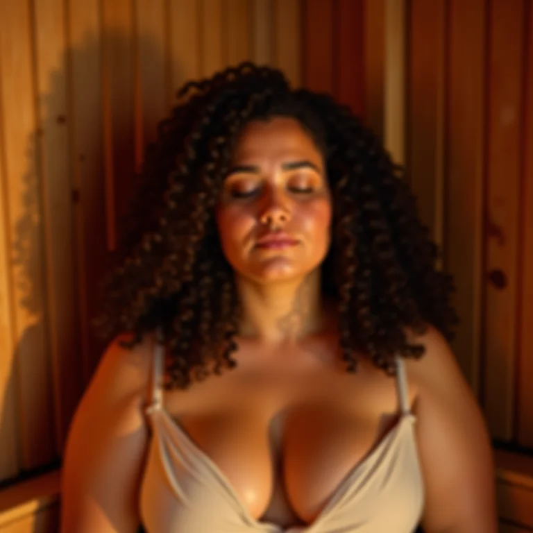 Mulher meditando em uma sauna para alívio do estresse.