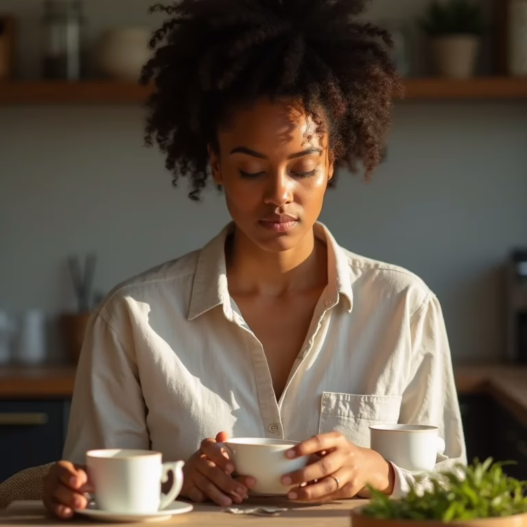 Mulher negra analisando blend de chá de ervas