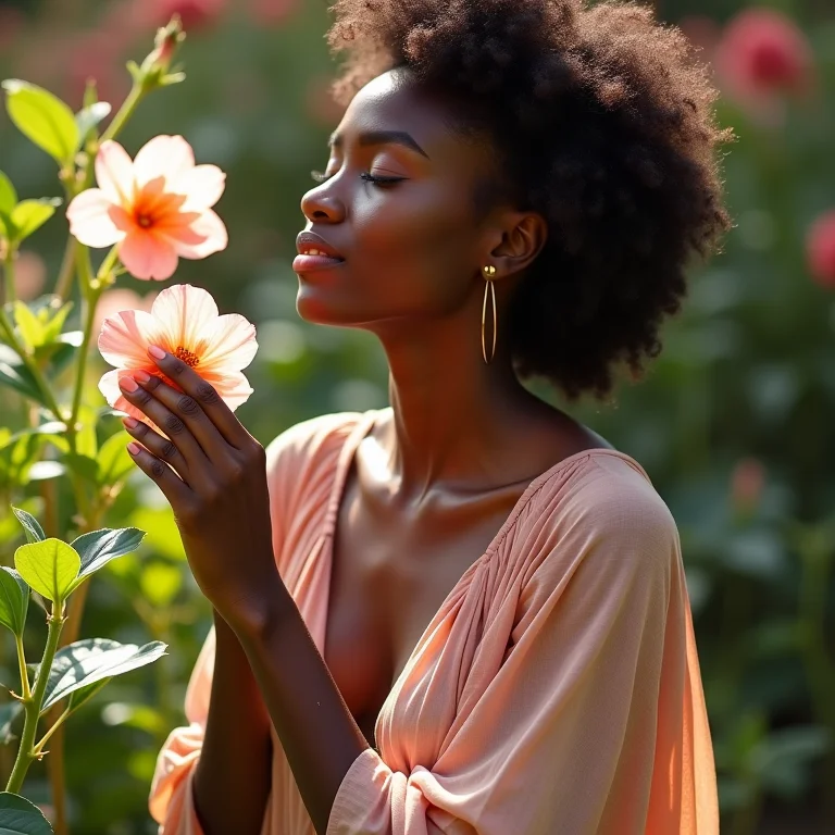 Mulher negra apreciando flor perfumada em jardim sombreado