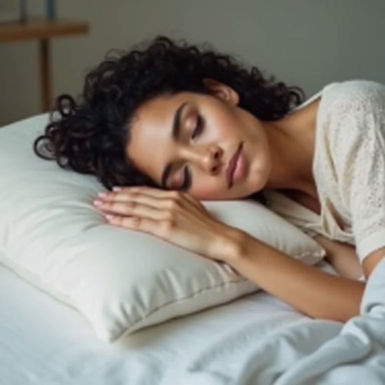 Mulher negra dormindo profundamente em um travesseiro limpo.
