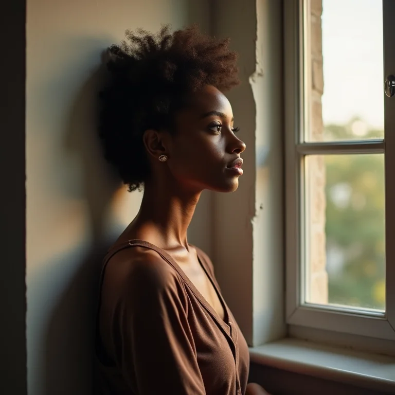Mulher negra pensando no futuro financeiro.