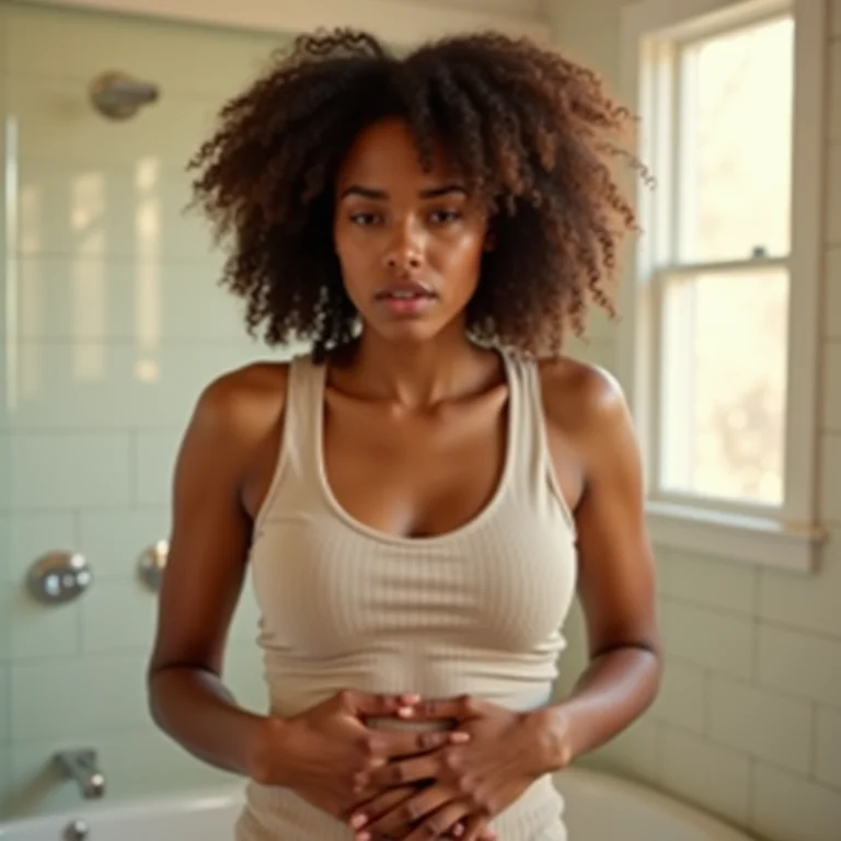 Mulher negra sentindo dores abdominais em um banheiro iluminado