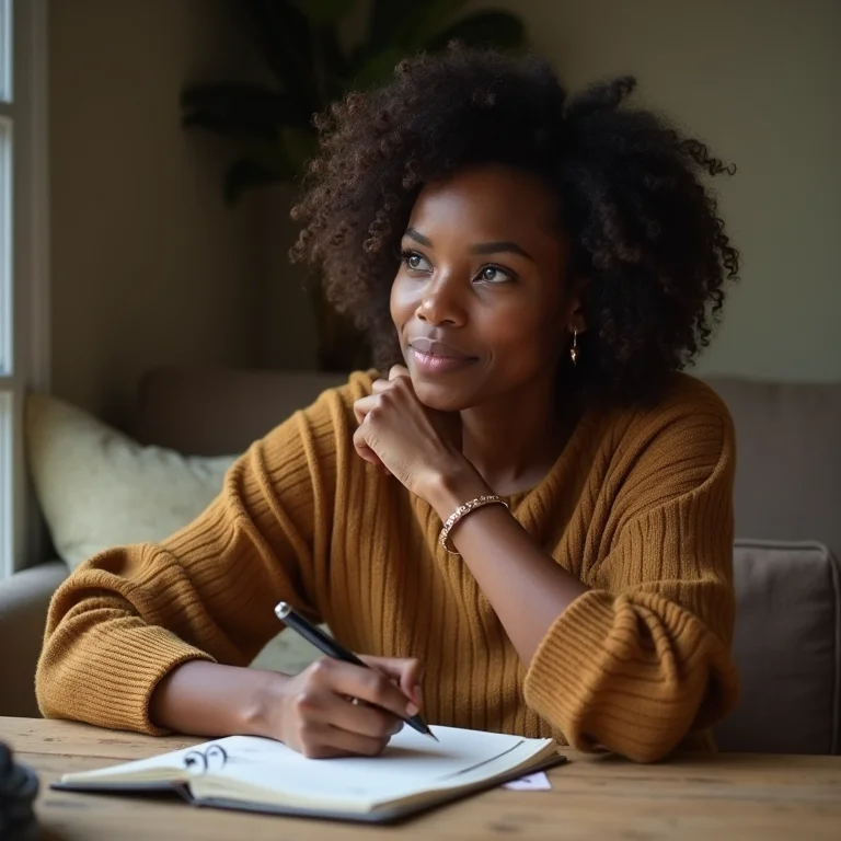 Mulher negra, sorrindo, anotando metas financeiras em um caderno.