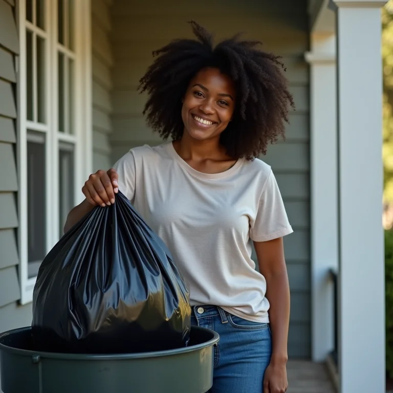 Mulher negra sorrindo ao usar lixeira de calçada preta.