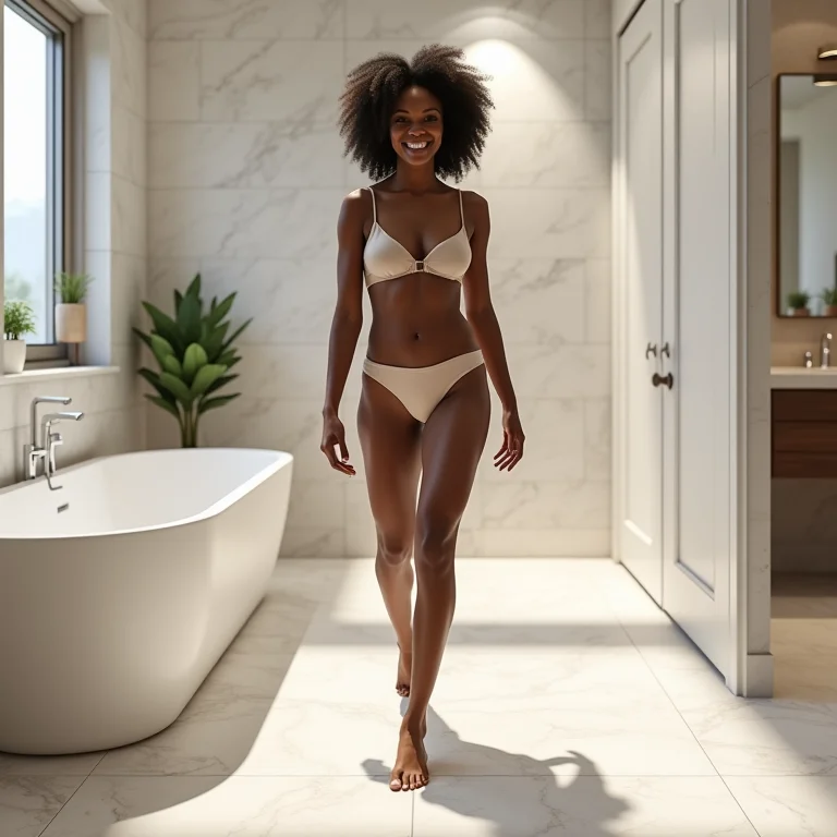 Mulher negra sorrindo e caminhando descalça em porcelanato antiderrapante