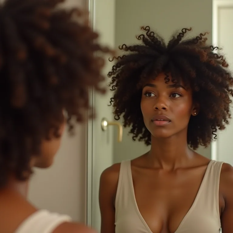 Mulher negra sorrindo em frente a um espelho bem posicionado em um banheiro pequeno