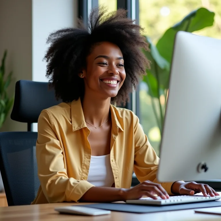 Mulher negra sorrindo trabalhando em casa confortavelmente