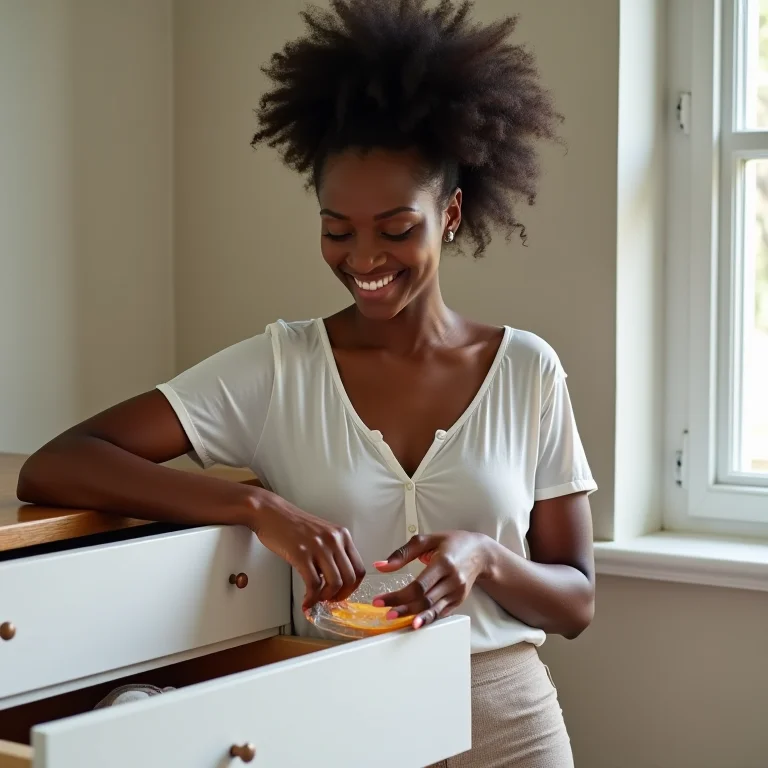 Mulher organizando gaveta e segurando objeto querido