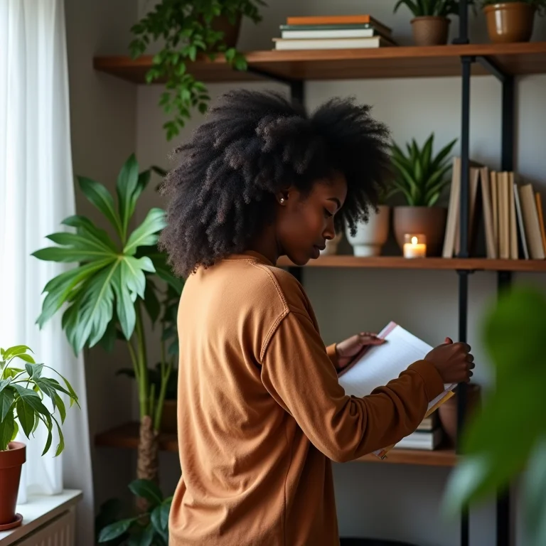 Mulher organizando prateleiras decorativas em um pequeno apartamento