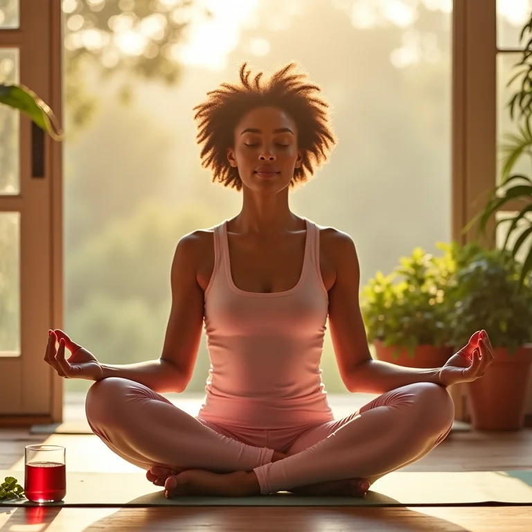 Mulher parda praticando yoga em ambiente tranquilo com chá de passiflora.