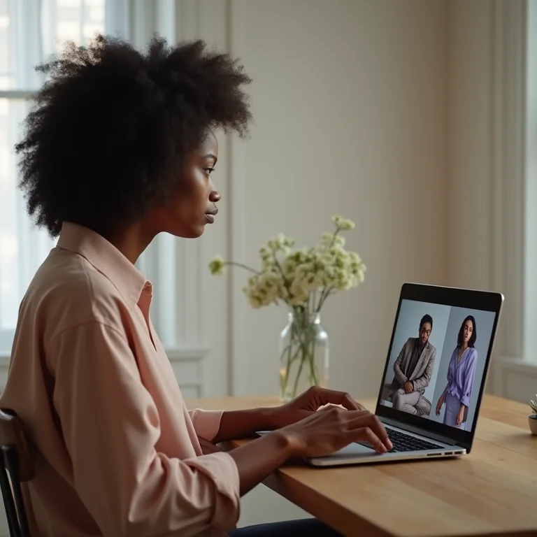 Mulher participando de grupo de troca de roupas online