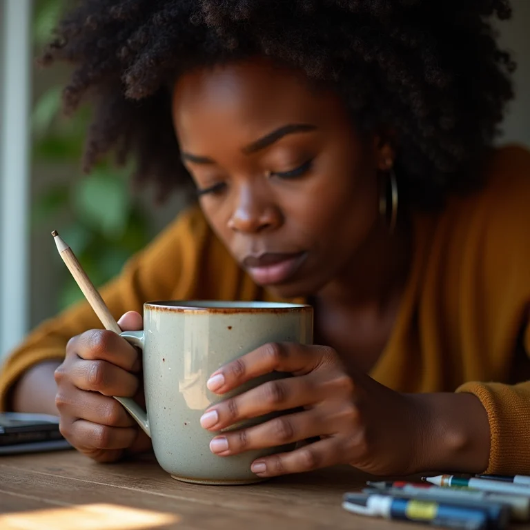 Mulher personalizando uma caneca de cerâmica