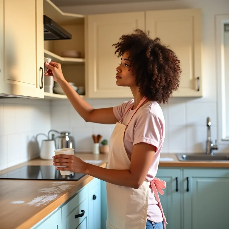 Mulher pintando armário de cozinha