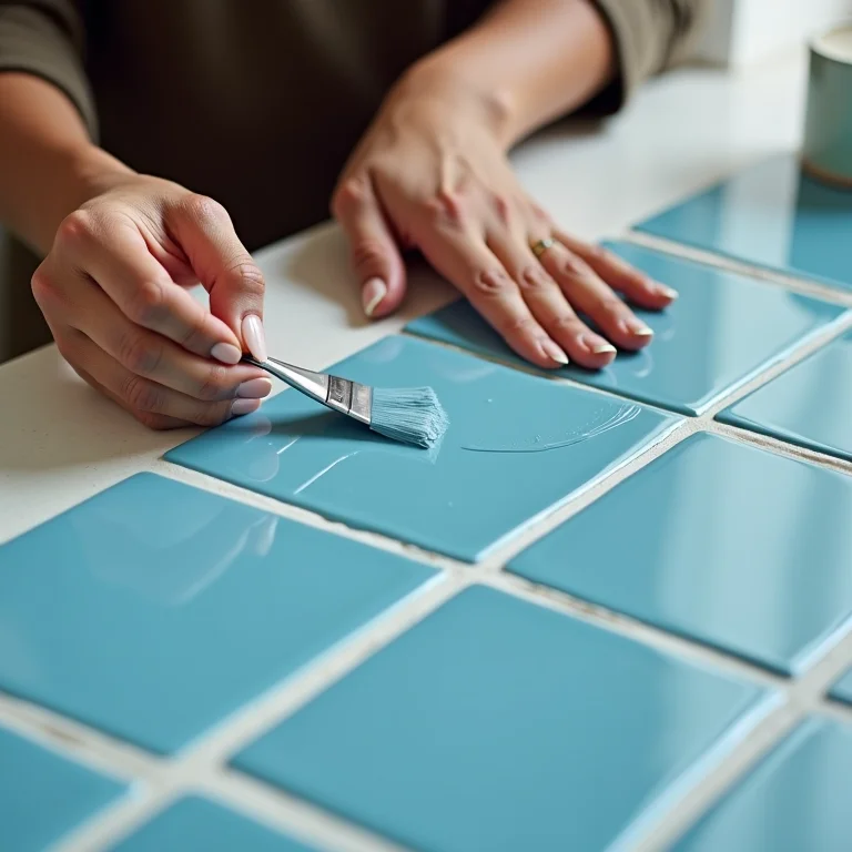 Mulher pintando azulejos da cozinha com tinta azul.