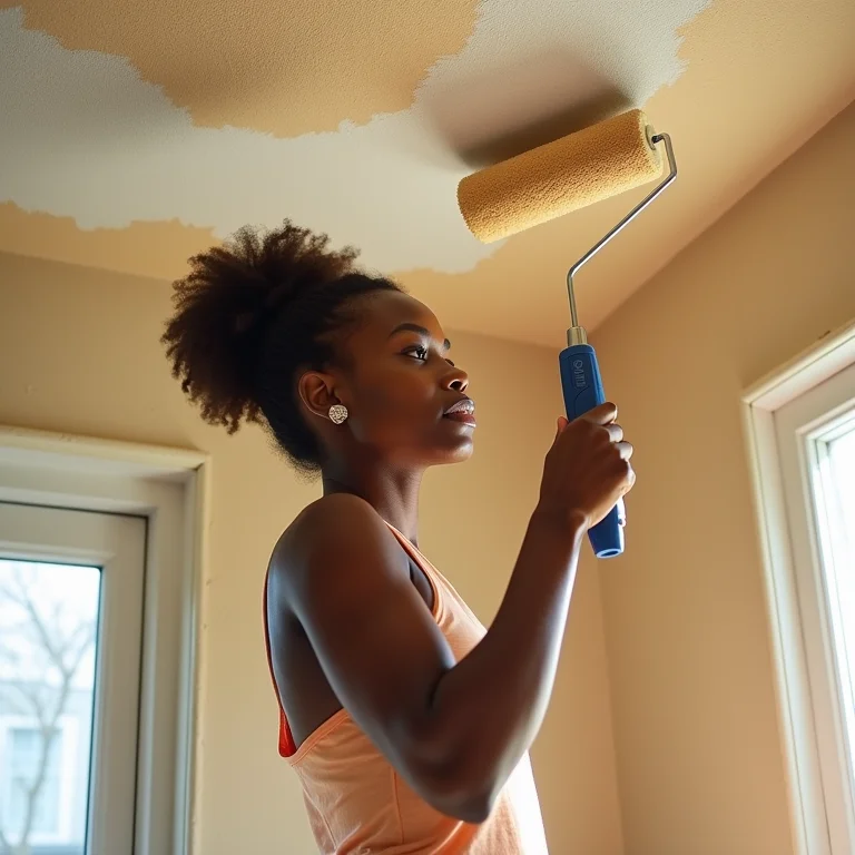 Mulher pintando o teto com rolo texturizado