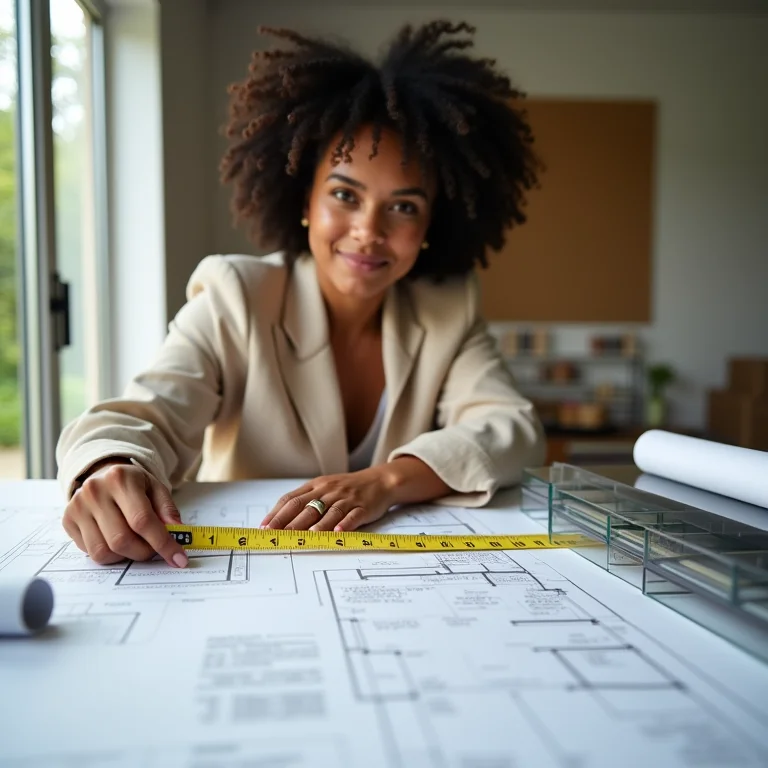 Mulher planejando projeto de construção com policarbonato