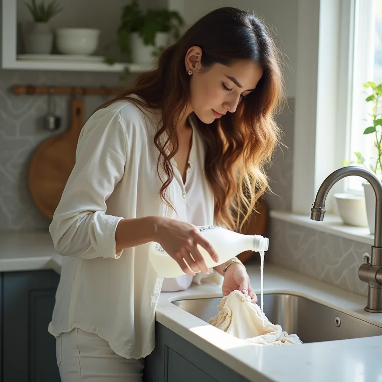 Mulher plus size aplicando vinagre branco em mancha de roupa.