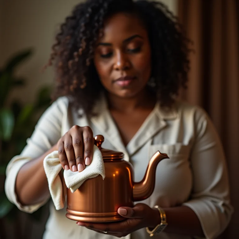 Mulher polindo um bule de cobre.