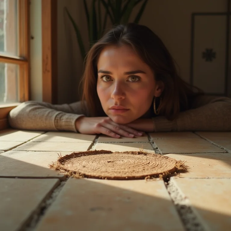 Mulher preocupada com a durabilidade do piso de pastilha de coco.