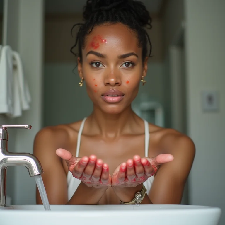 Mulher preocupada lava as mãos após contato com soda cáustica.