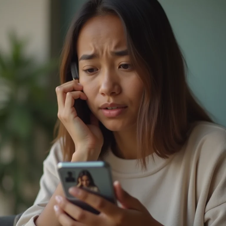 Mulher preocupada olhando para o celular com perfil de rede social borrado ao fundo