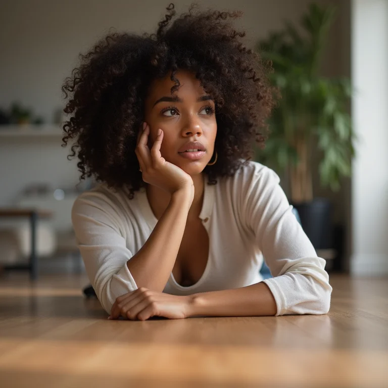 Mulher preocupada olhando para o piso laminado.